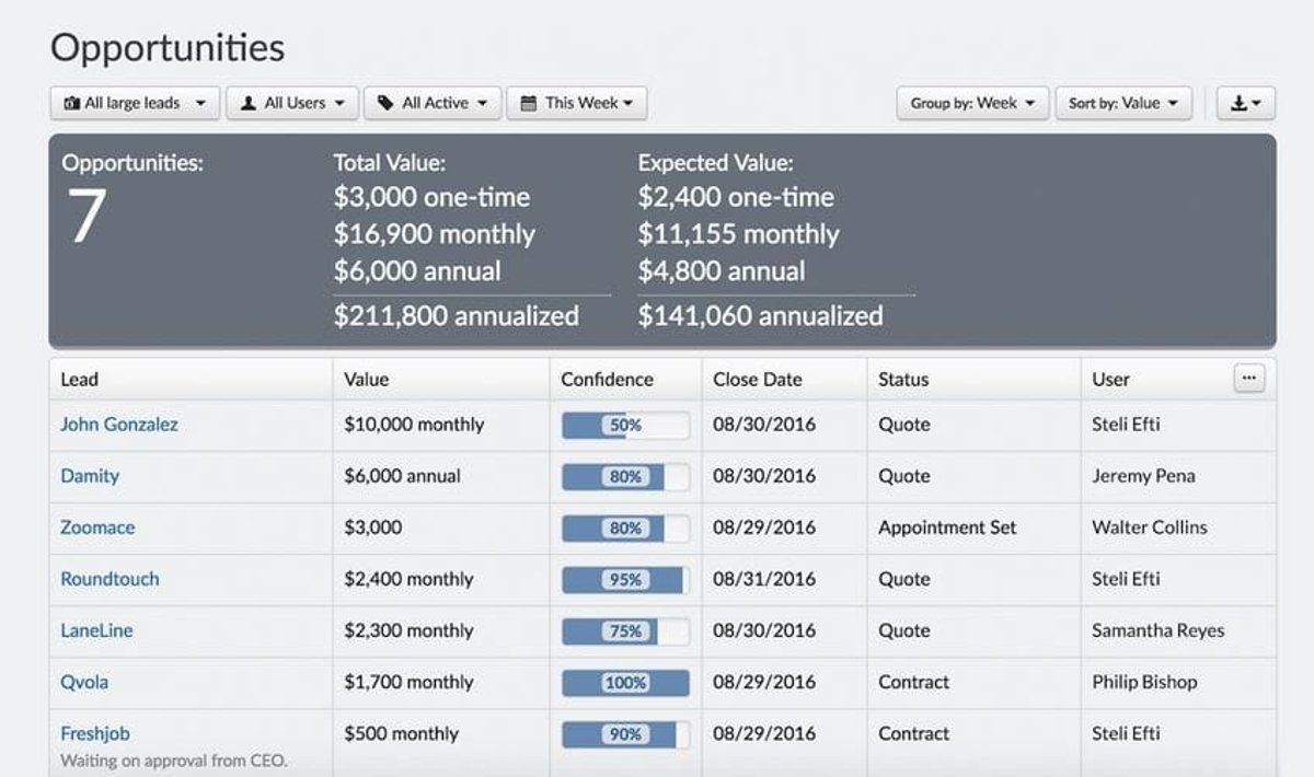 Opportunity Overview Report with confidence level and value