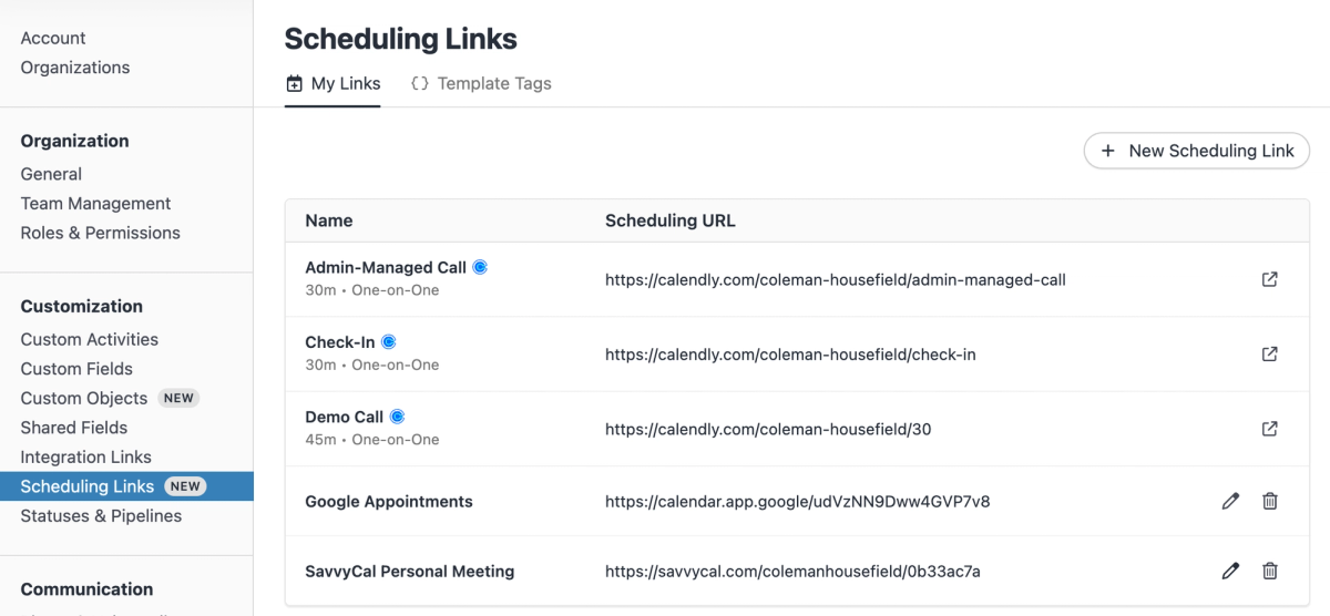 Scheduling Links + Calendly Integration