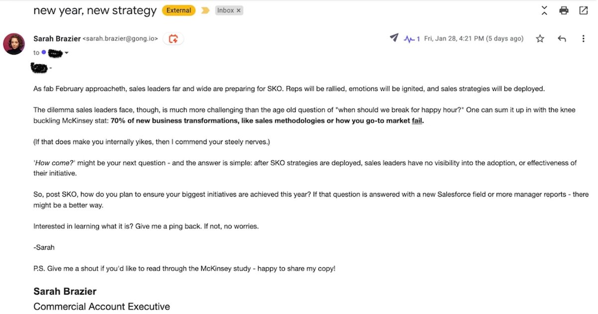 Lead Generation Examples - Cold Email Example from Gong