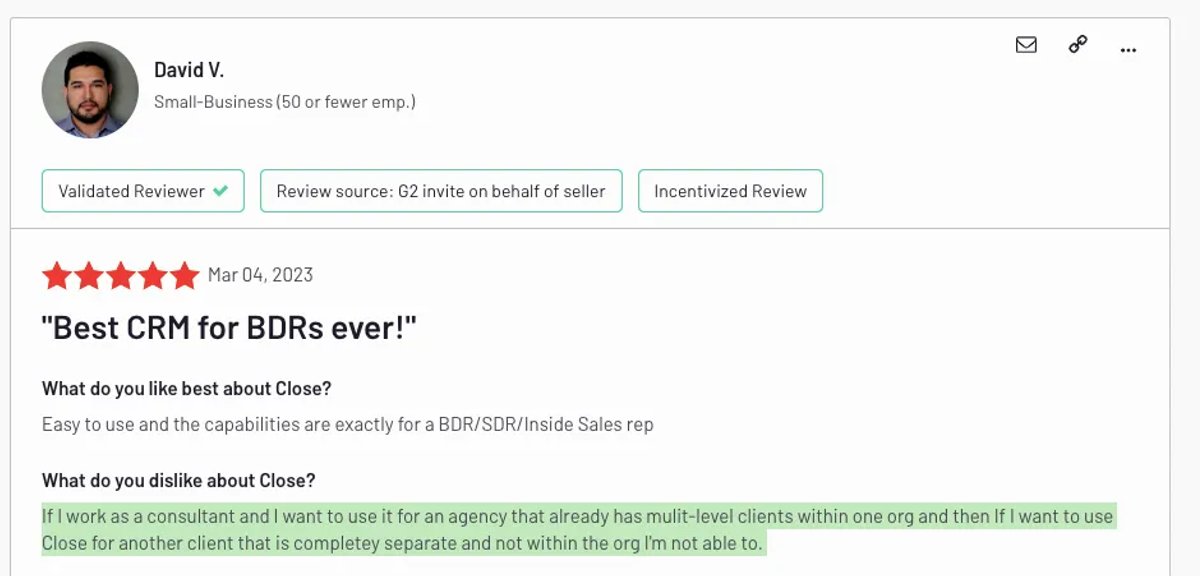 Close CRM G2 review 2