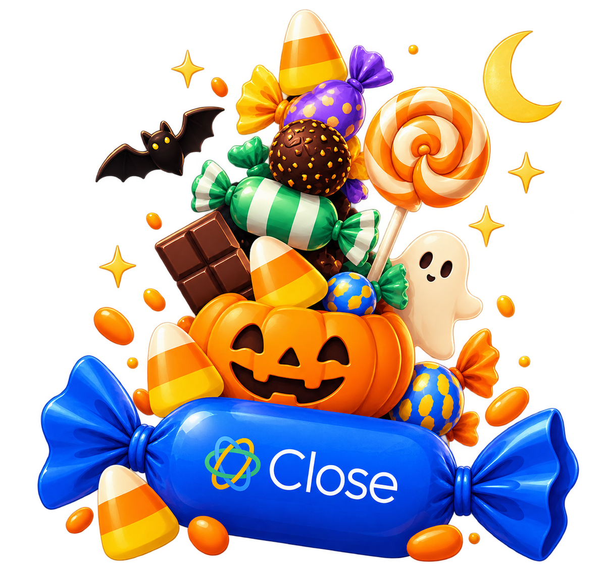 Trick-or-treat bucket stacked with candy, topped with a Close logo