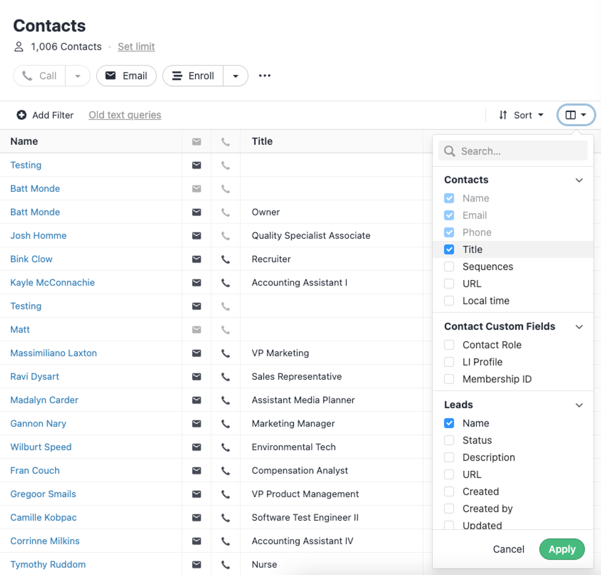 New Contact Filtering Page Columns