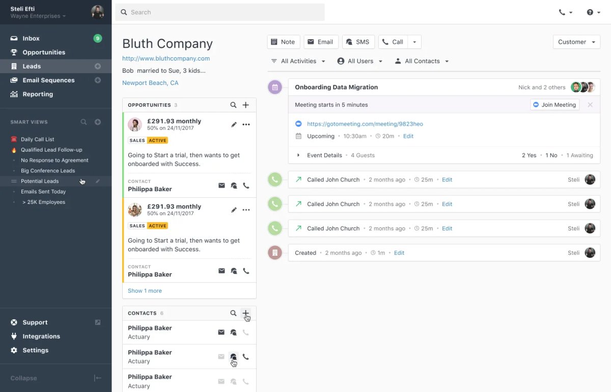 A Close lead page showing an upcoming meeting