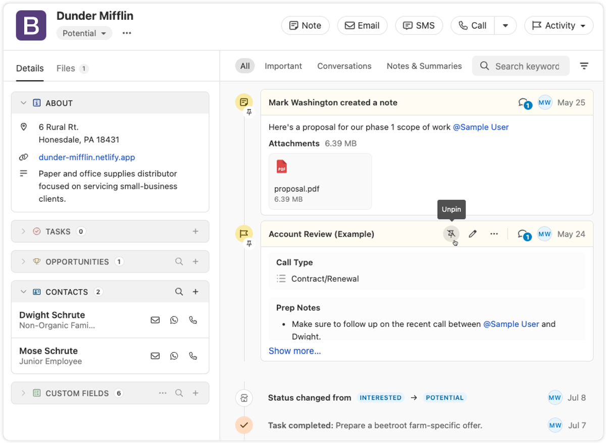 Pinned Notes & Custom Activities