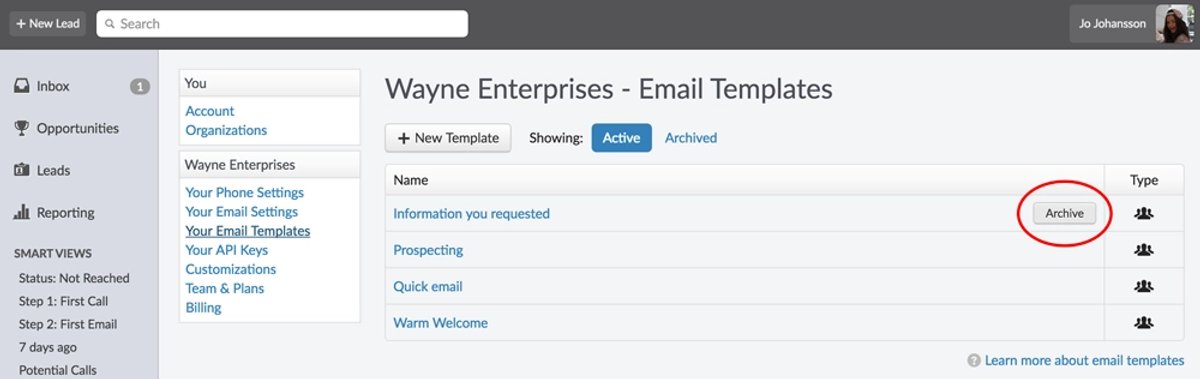 Archiving Email Templates - Template Example 1