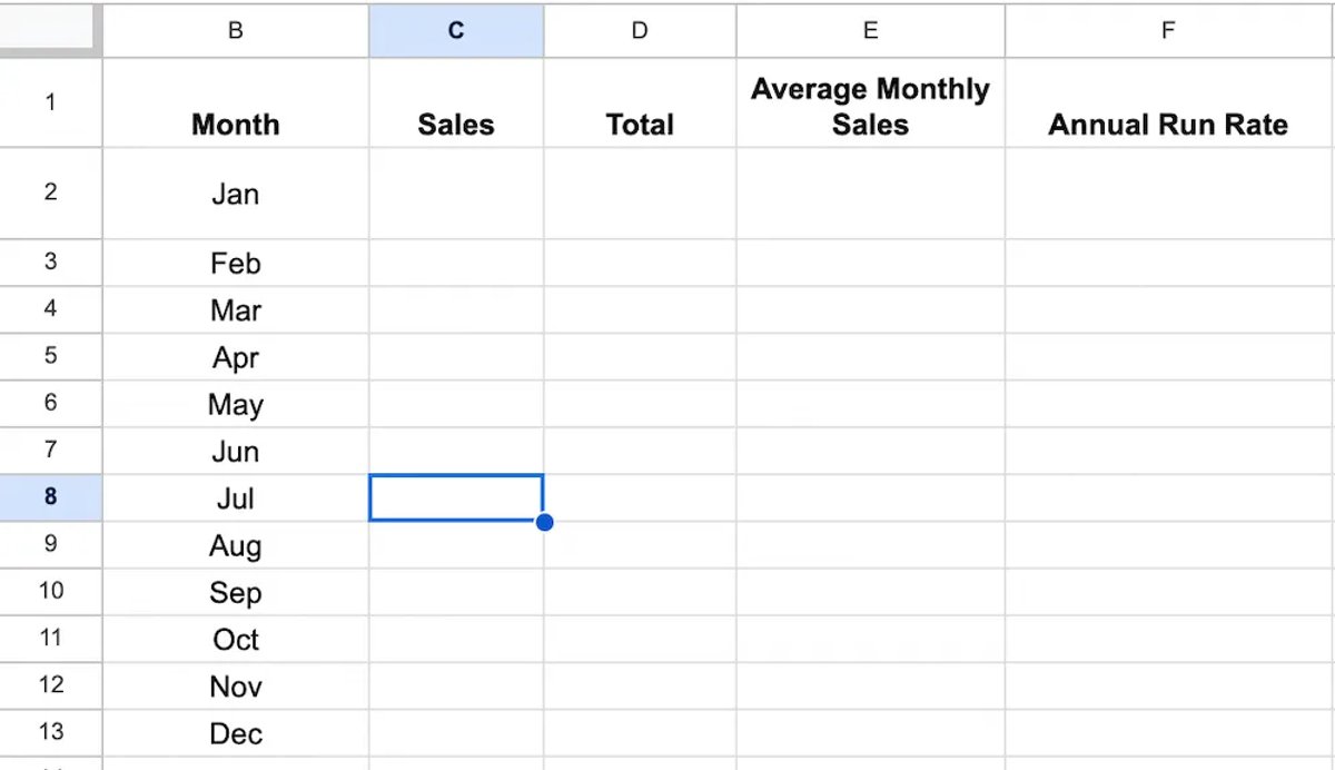 How to Create a Custom Sales Forecast Template - Create formulas for the annual run rate