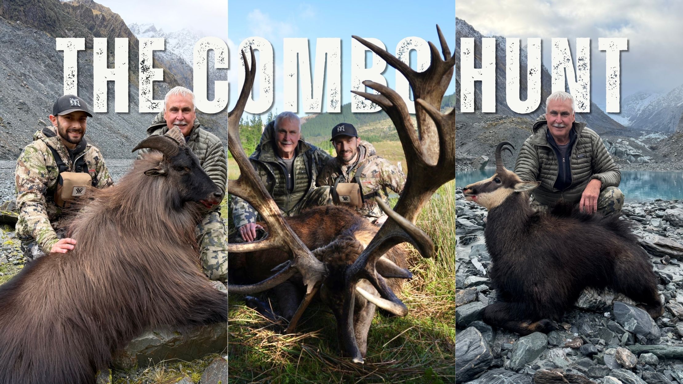 Collage of New Zealand hunts: hunters posing with a red stag, bull tahr & chamois