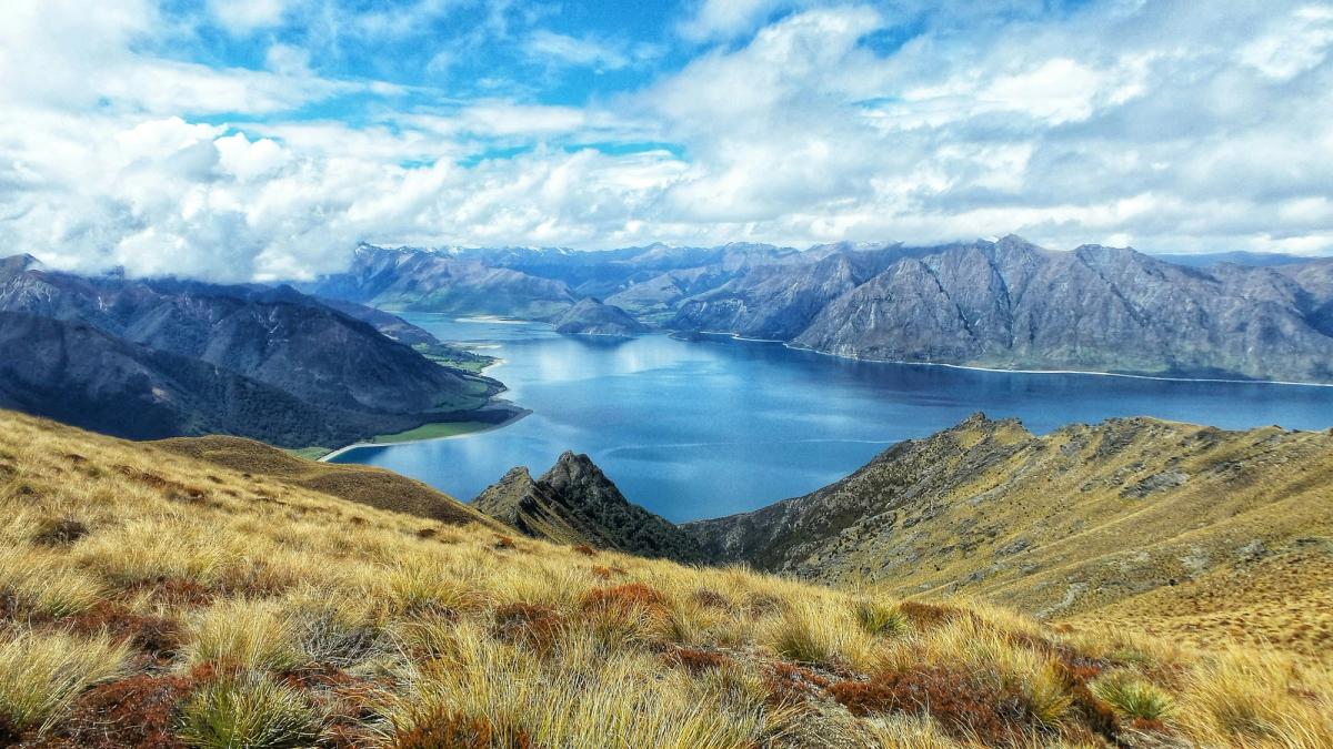 Tussock ridgeline above a large lake and bare ranges