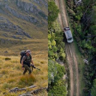 Split-image comparison: on the left, two hunters carrying rifles and packs walk through open tussock country below rocky bluffs, labelled "Free-Range"; on the right, an aerial view of a 4WD driving a dirt track through dense green bush, labelled "Estate"