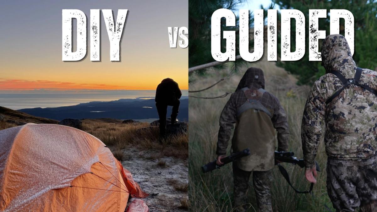 Split-image comparison: on the left, a lone hunter stands by a frosted orange tent on a ridgeline at sunrise, labelled "DIY"; on the right, a guide leads a client through tussock and pines carrying a rifle, labelled "Guided"
