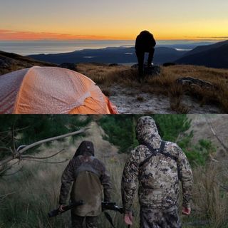 Split-image comparison: on the left, a lone hunter stands by a frosted orange tent on a ridgeline at sunrise, labelled "DIY"; on the right, a guide leads a client through tussock and pines carrying a rifle, labelled "Guided"