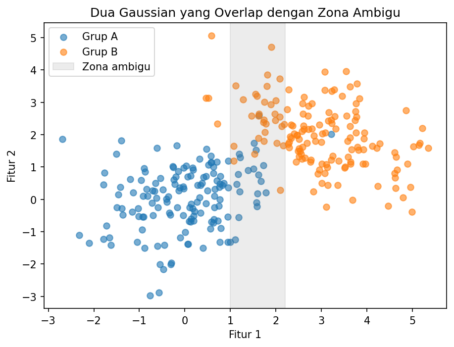 Dua Gaussian yang overlap dengan zona ambigu