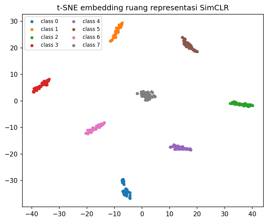 Visualisasi t-SNE embedding SimCLR yang membentuk delapan cluster terpisah