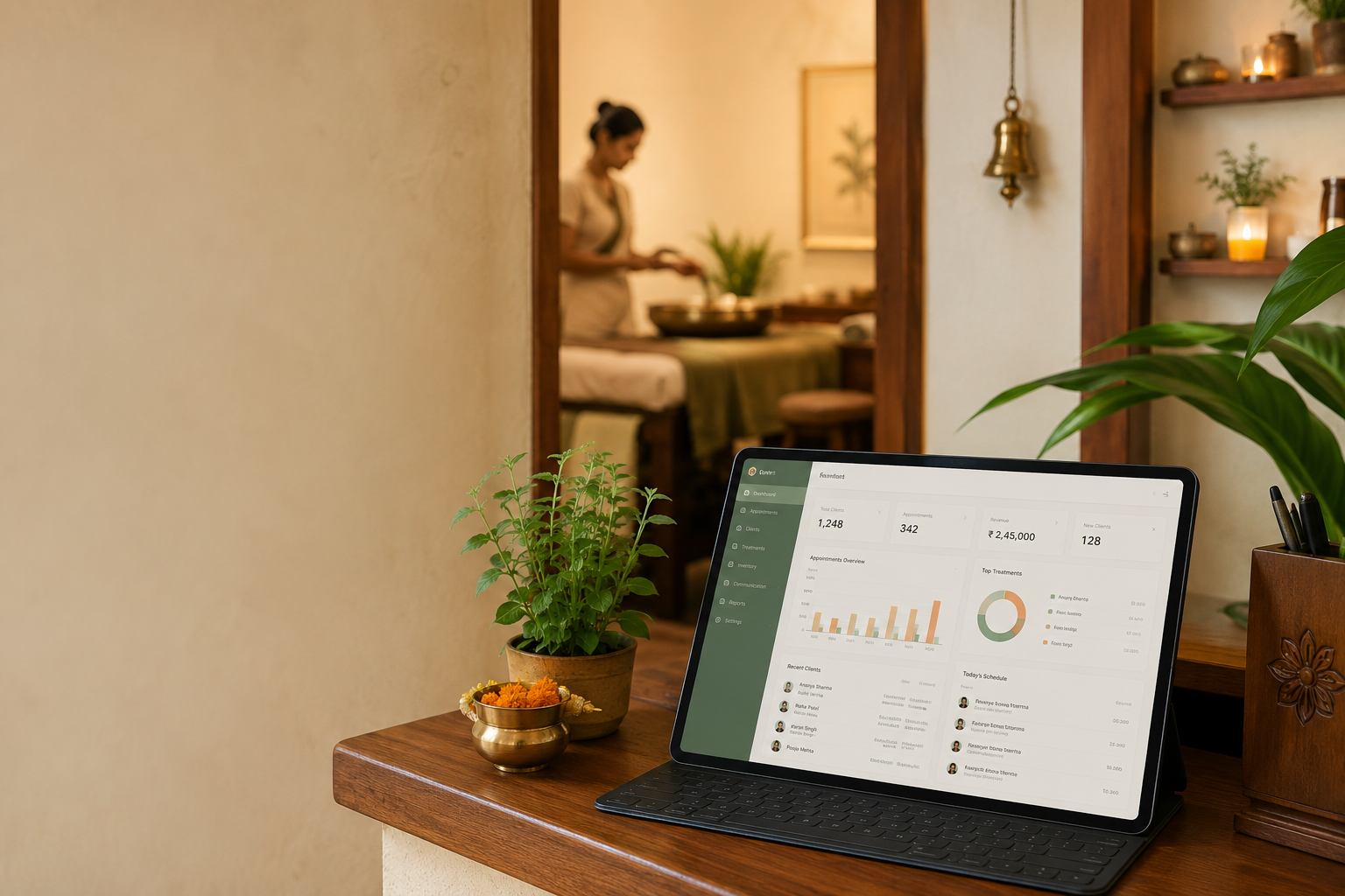 Ayurveda wellness center reception with tablet showing a patient treatment dashboard