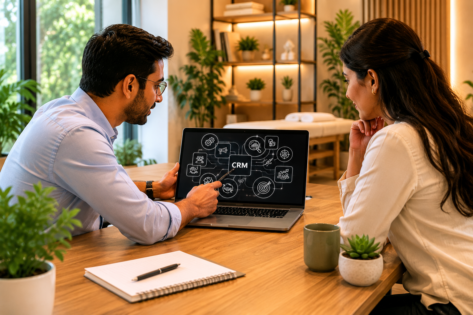 Professional using a digital CRM interface for wellness business management.