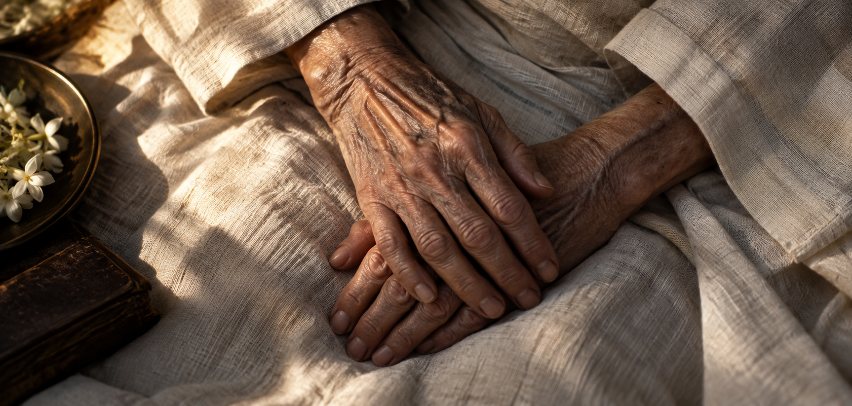 The hands of an elderly person resting on pale linen in flat daylight.