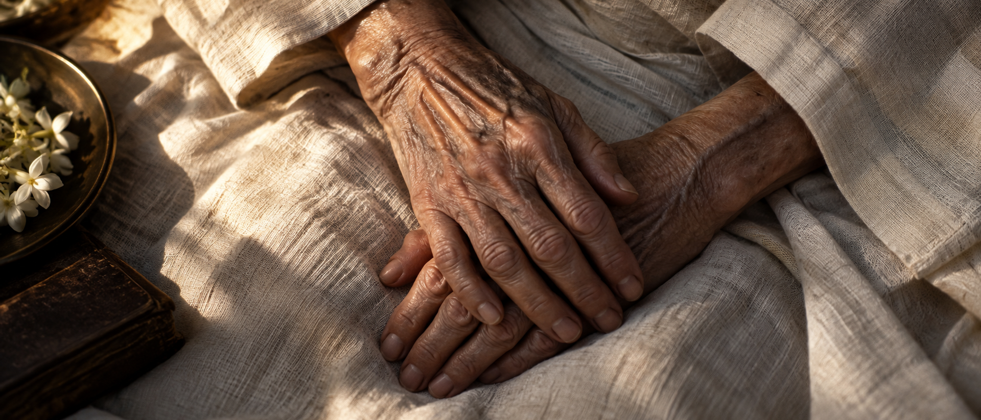 The hands of an elderly person resting on pale linen in flat daylight.