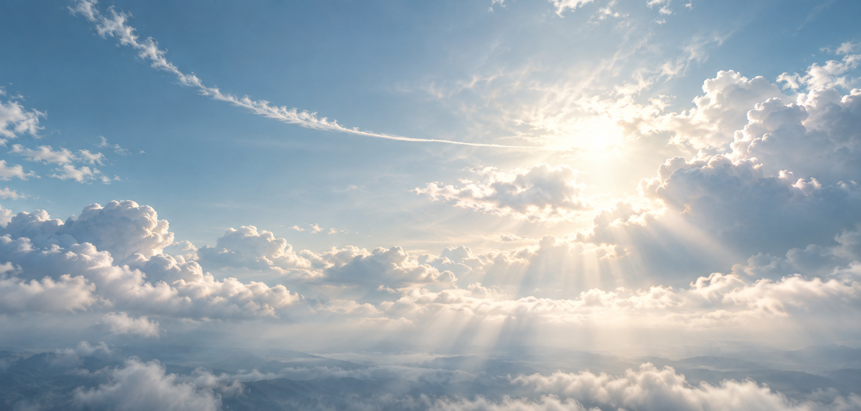 A bright overcast sky crossed by a single faint contrail.