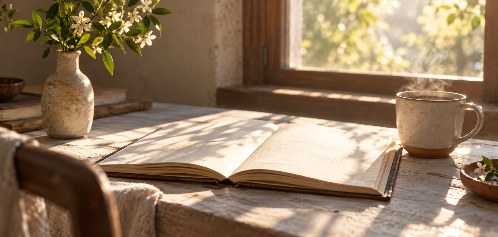 An open blank notebook beside a cup on a pale table in morning light.