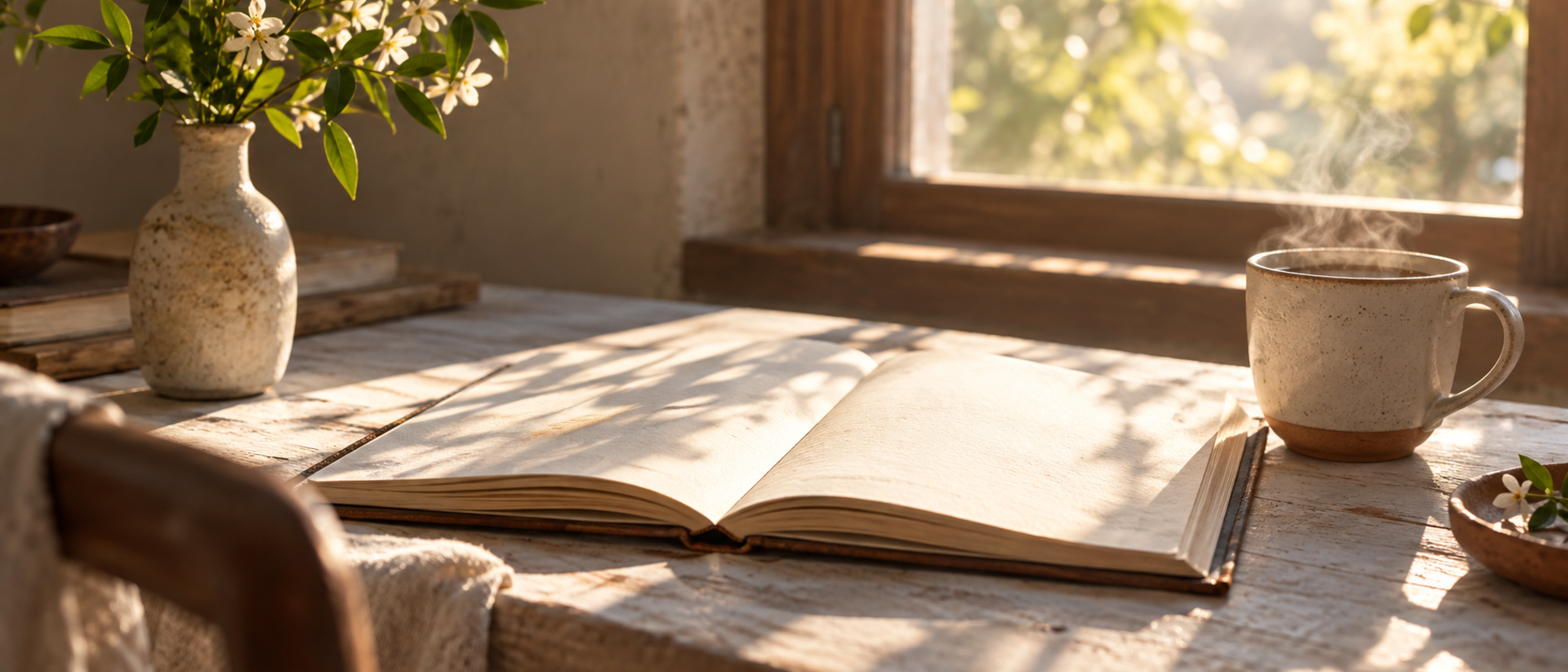 An open blank notebook beside a cup on a pale table in morning light.