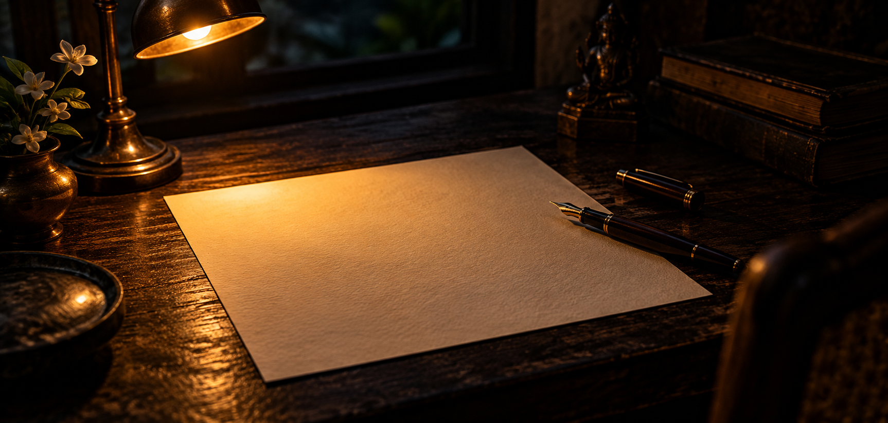 A blank sheet of cream paper and an uncapped fountain pen on a dark desk.