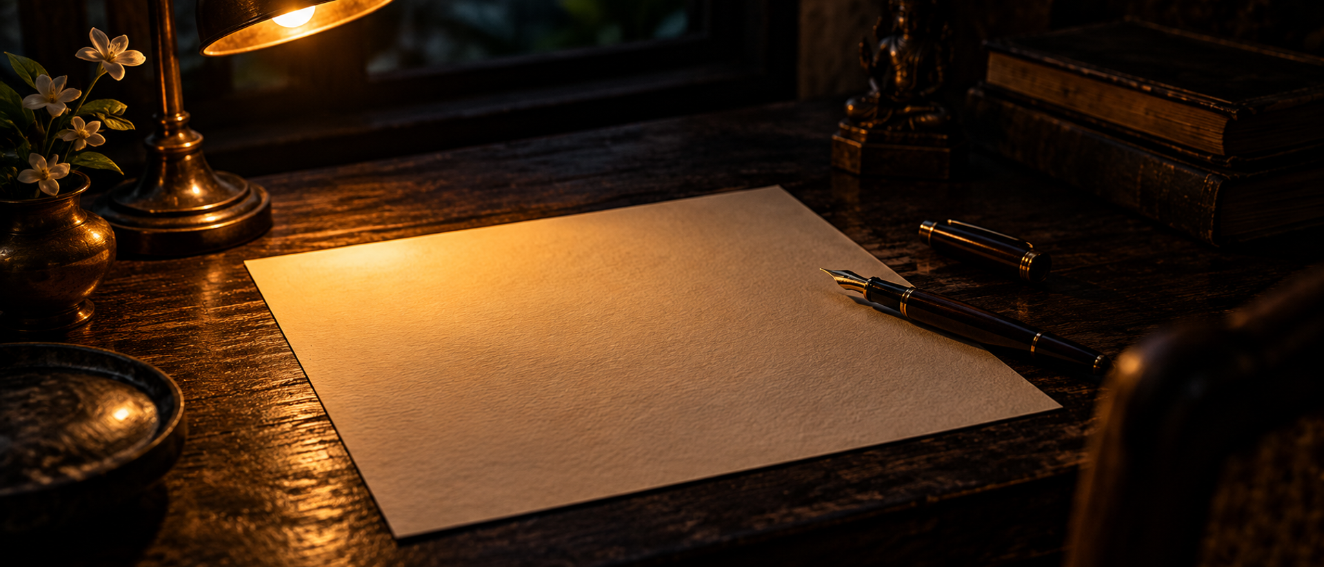 A blank sheet of cream paper and an uncapped fountain pen on a dark desk.