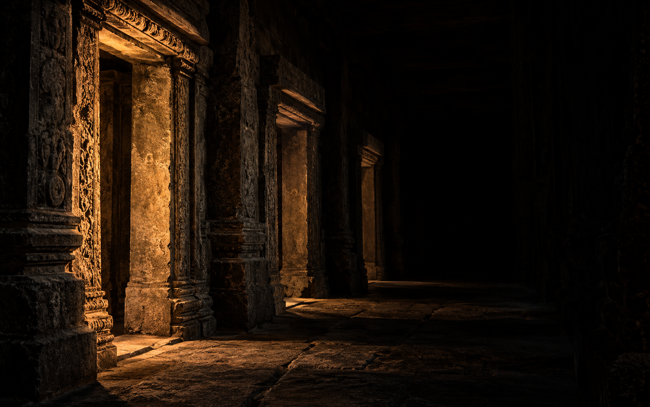 Four stone doorways receding along a dark corridor, the nearest lit from one side.