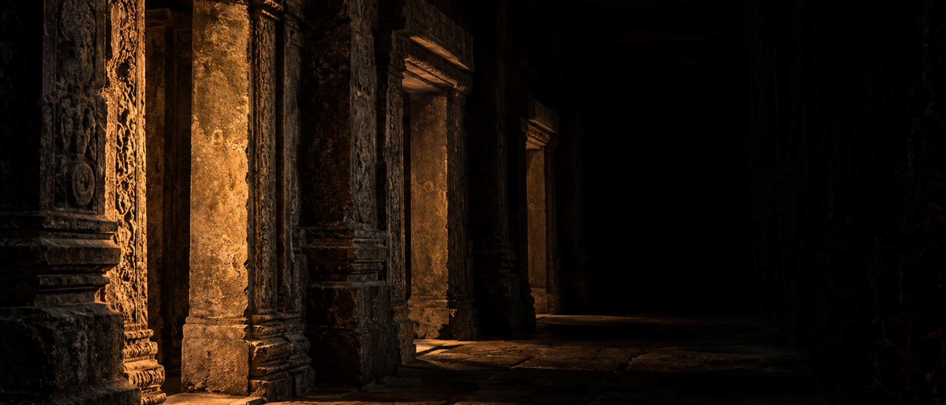 Four stone doorways receding along a dark corridor, the nearest lit from one side.