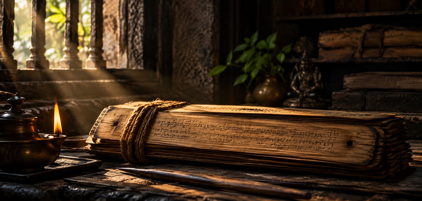 A bound palm-leaf manuscript on dark wood, lit from one side so its surface reads as texture.