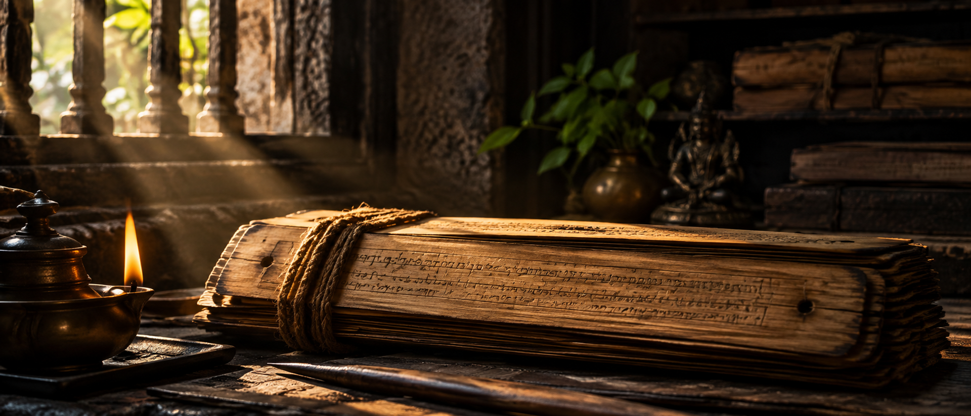 A bound palm-leaf manuscript on dark wood, lit from one side so its surface reads as texture.