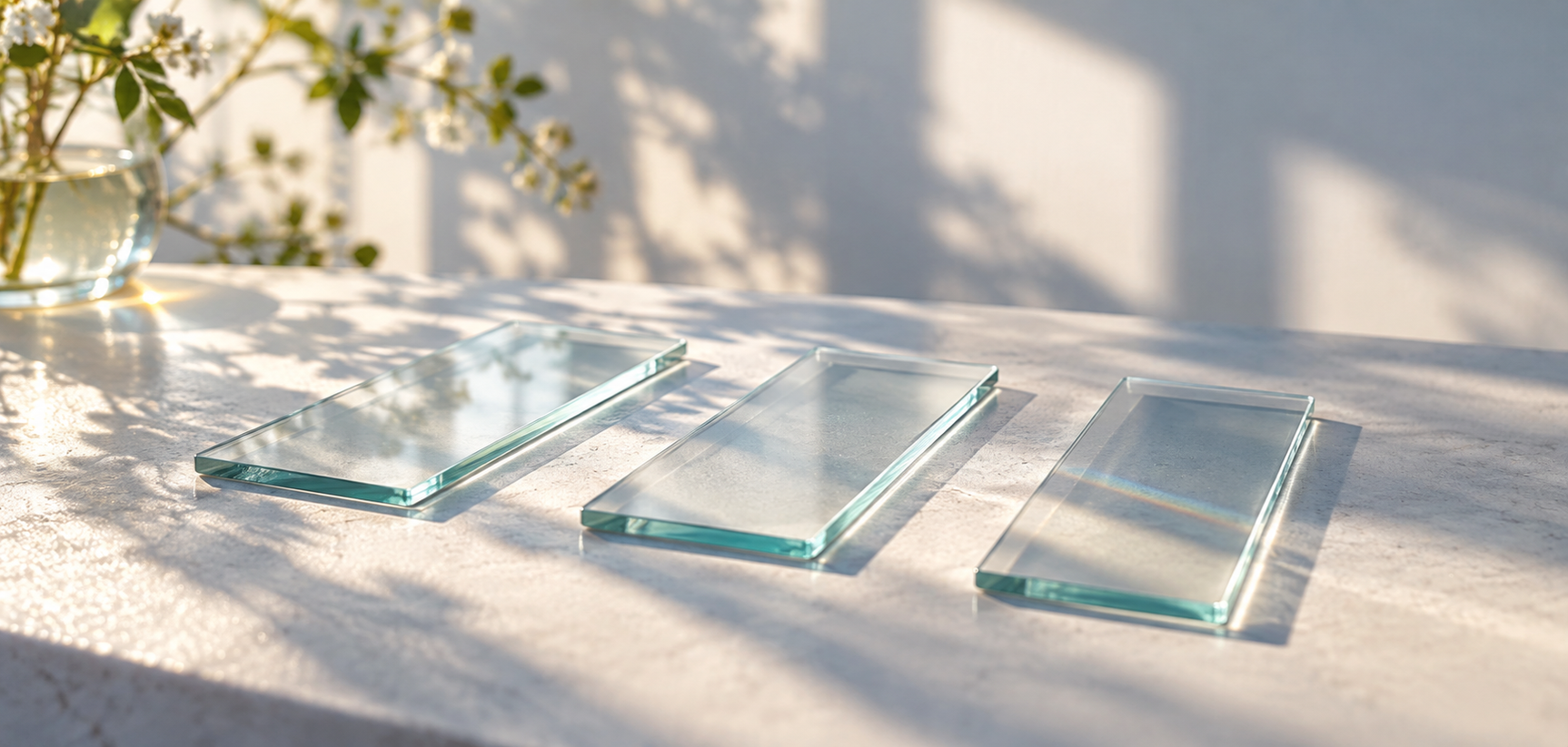 Three empty glass laboratory slides side by side on a white surface.