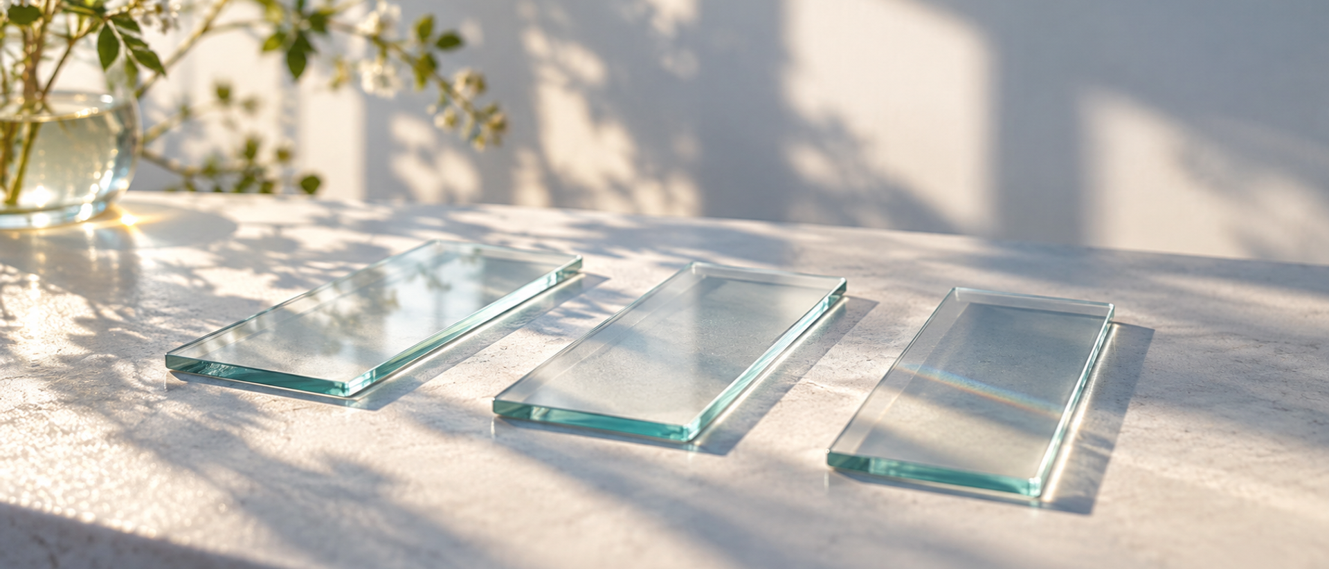 Three empty glass laboratory slides side by side on a white surface.