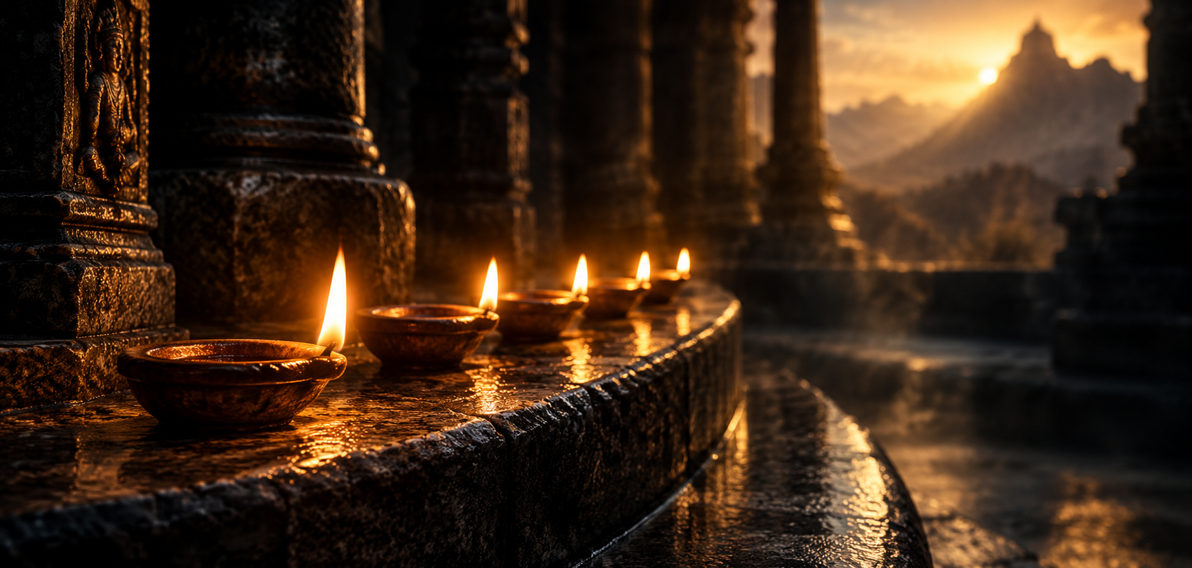 Six small oil lamps burning in a curved row on a dark granite step.