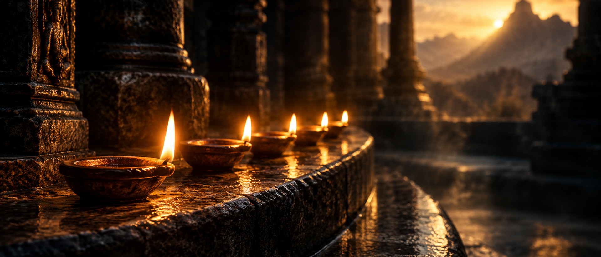 Six small oil lamps burning in a curved row on a dark granite step.