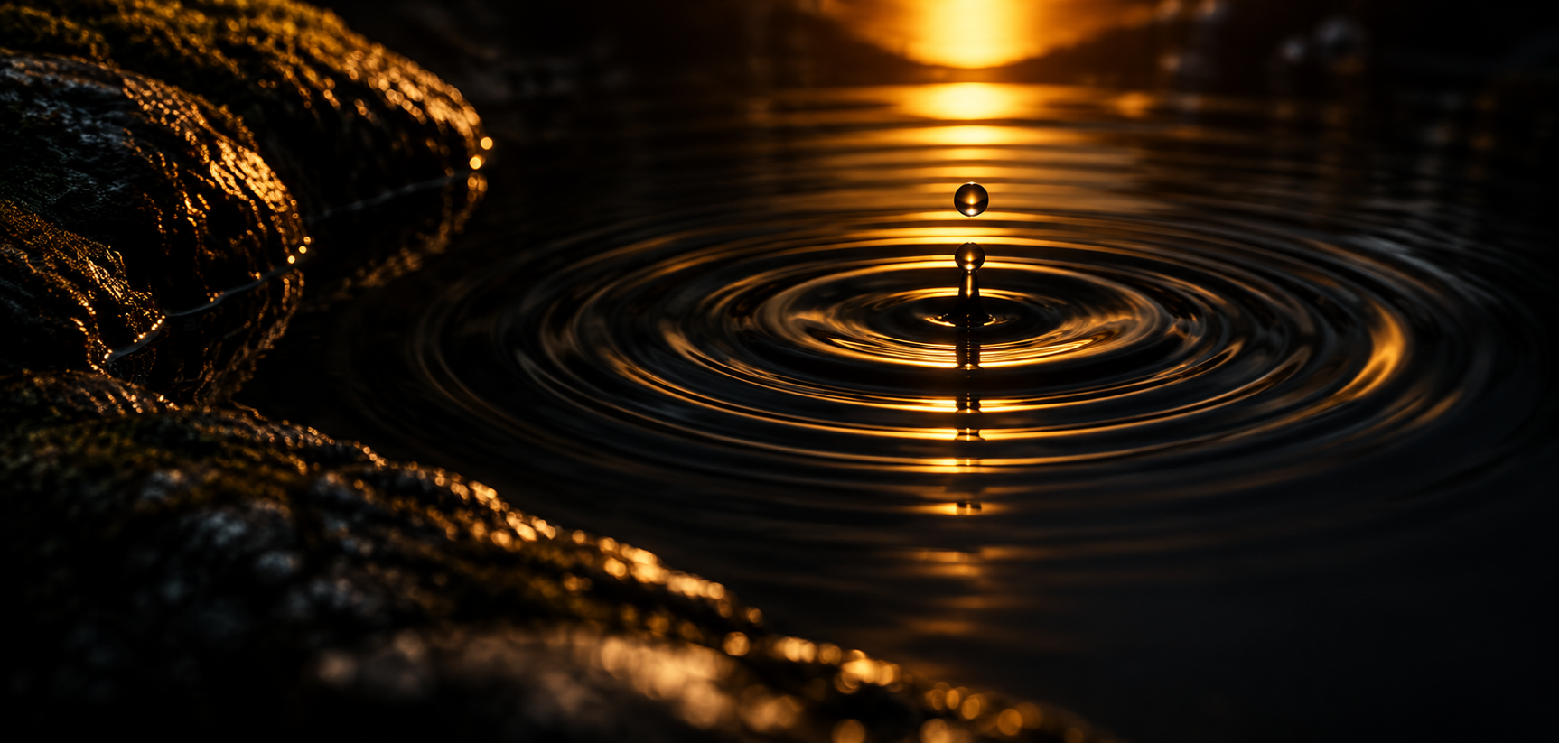 A single ring spreading across the surface of still black water.