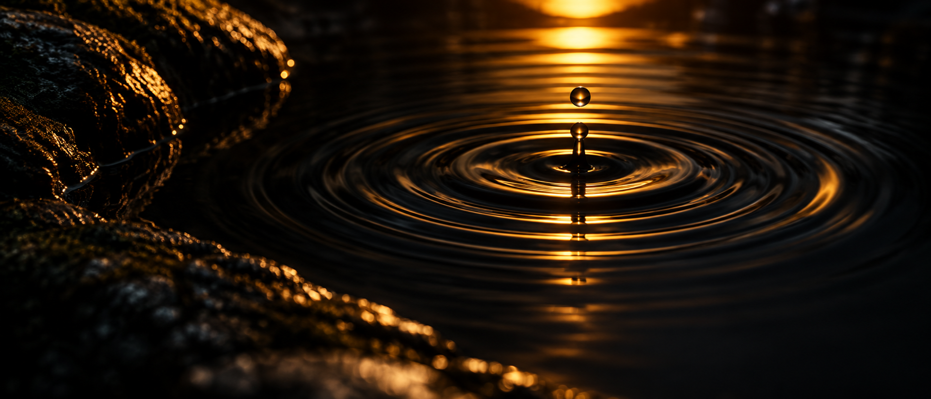 A single ring spreading across the surface of still black water.