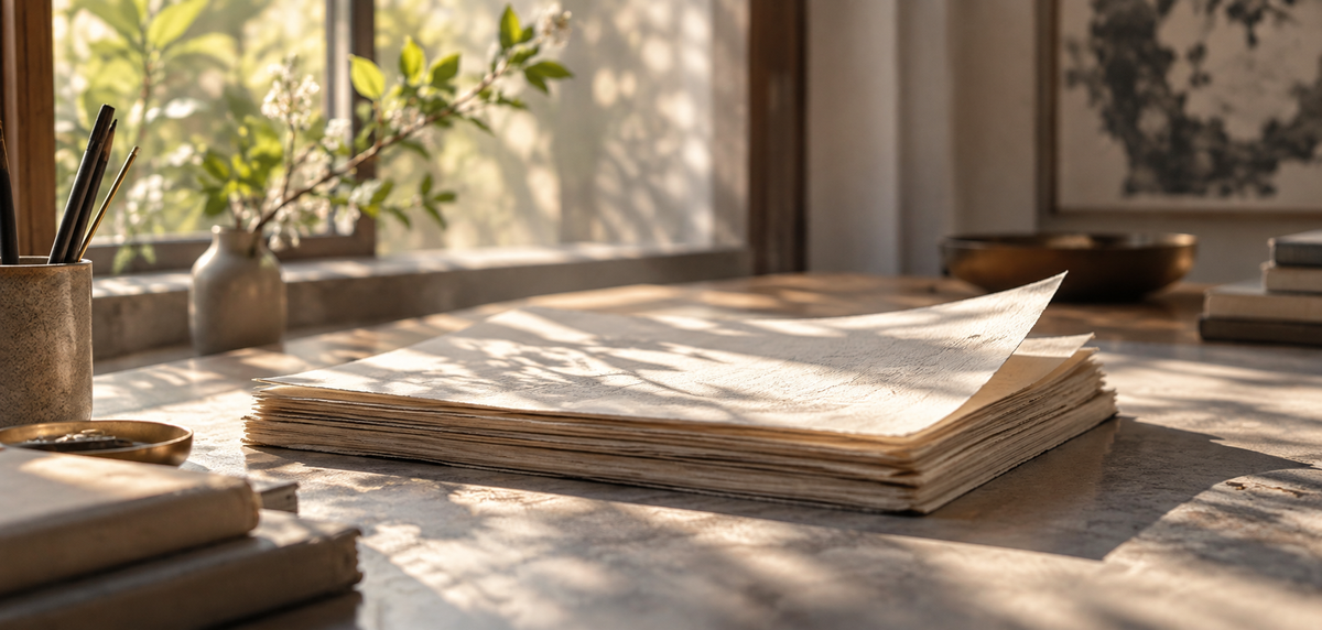 A stack of annotated printed papers on a pale desk in window light.