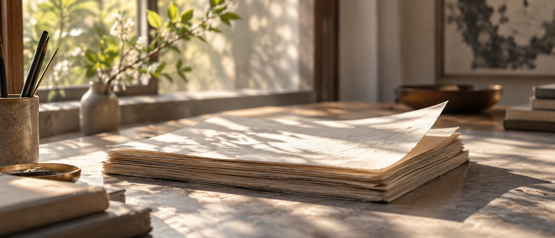 A stack of annotated printed papers on a pale desk in window light.
