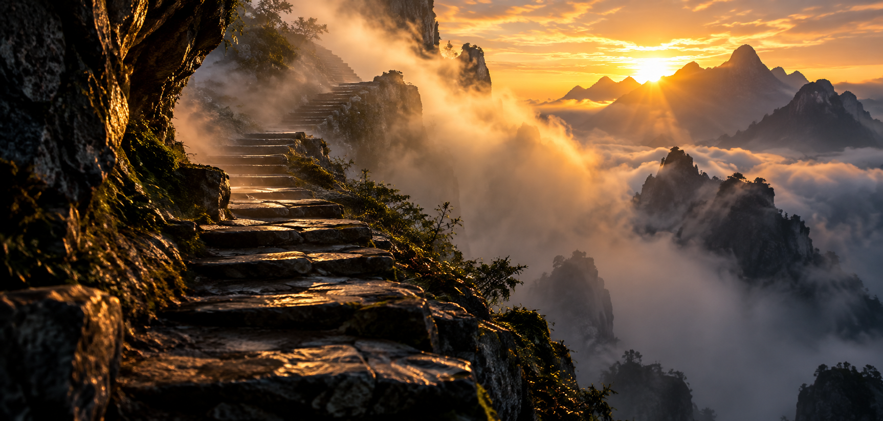A stone path climbing into mist before dawn, visible for only a few metres.
