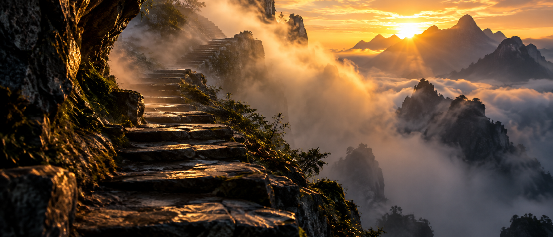 A stone path climbing into mist before dawn, visible for only a few metres.