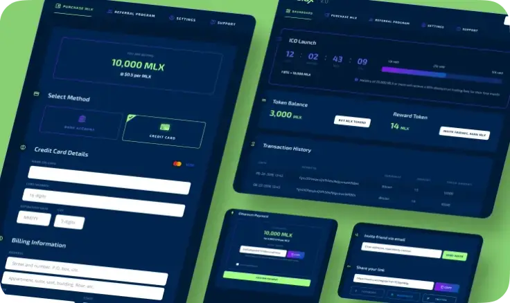 Crypto token dashboard — purchase flow, ICO countdown and transaction history