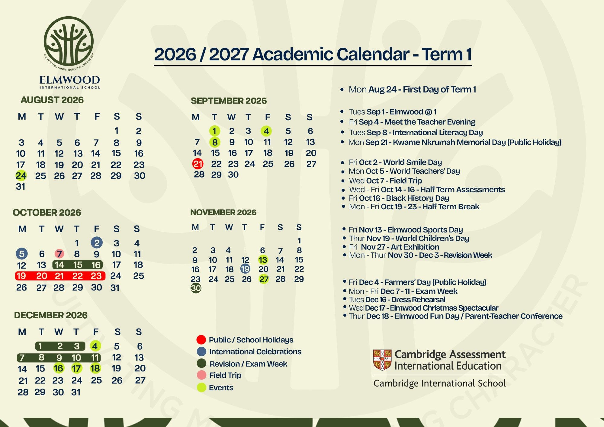 Elmwood International School 2026/2027 academic calendar for Term 1, August to December 2026