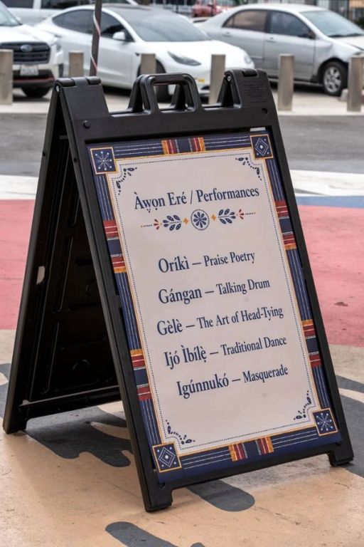 The Àwọn Eré performances board: oríkì, gángan, gèlè, ijó ìbílẹ̀, igúnnukó