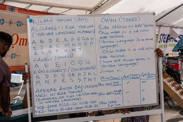 A whiteboard from the Yoruba class: the alphabet, vowels, consonants and the three tones
