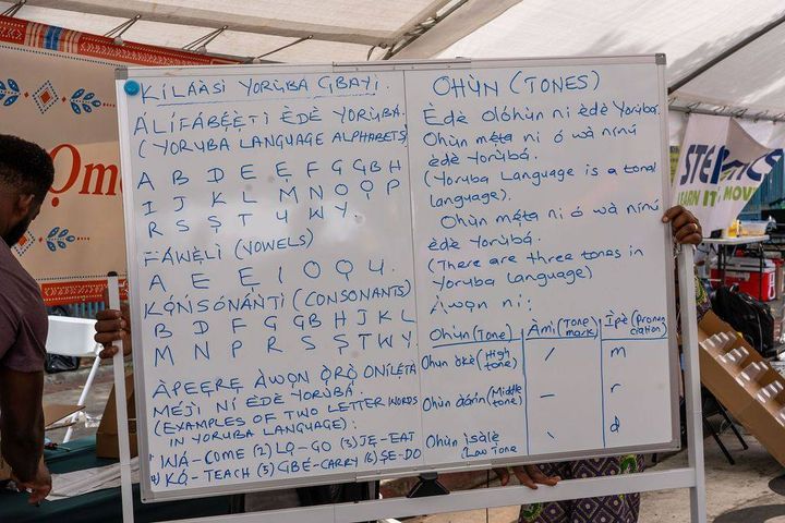 A whiteboard from the Yoruba class: the alphabet, vowels, consonants and the three tones