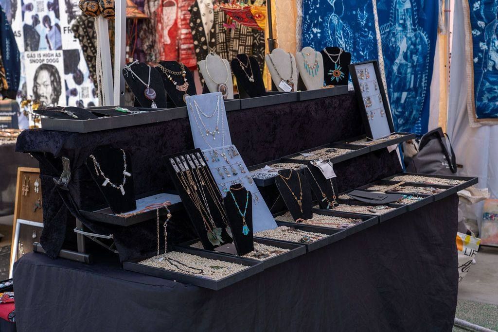 Trays of necklaces and beads on black velvet