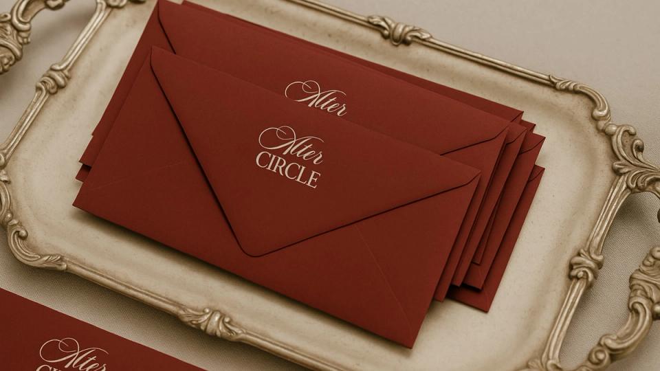 Alter Circle invitations arranged on an antique silver tray