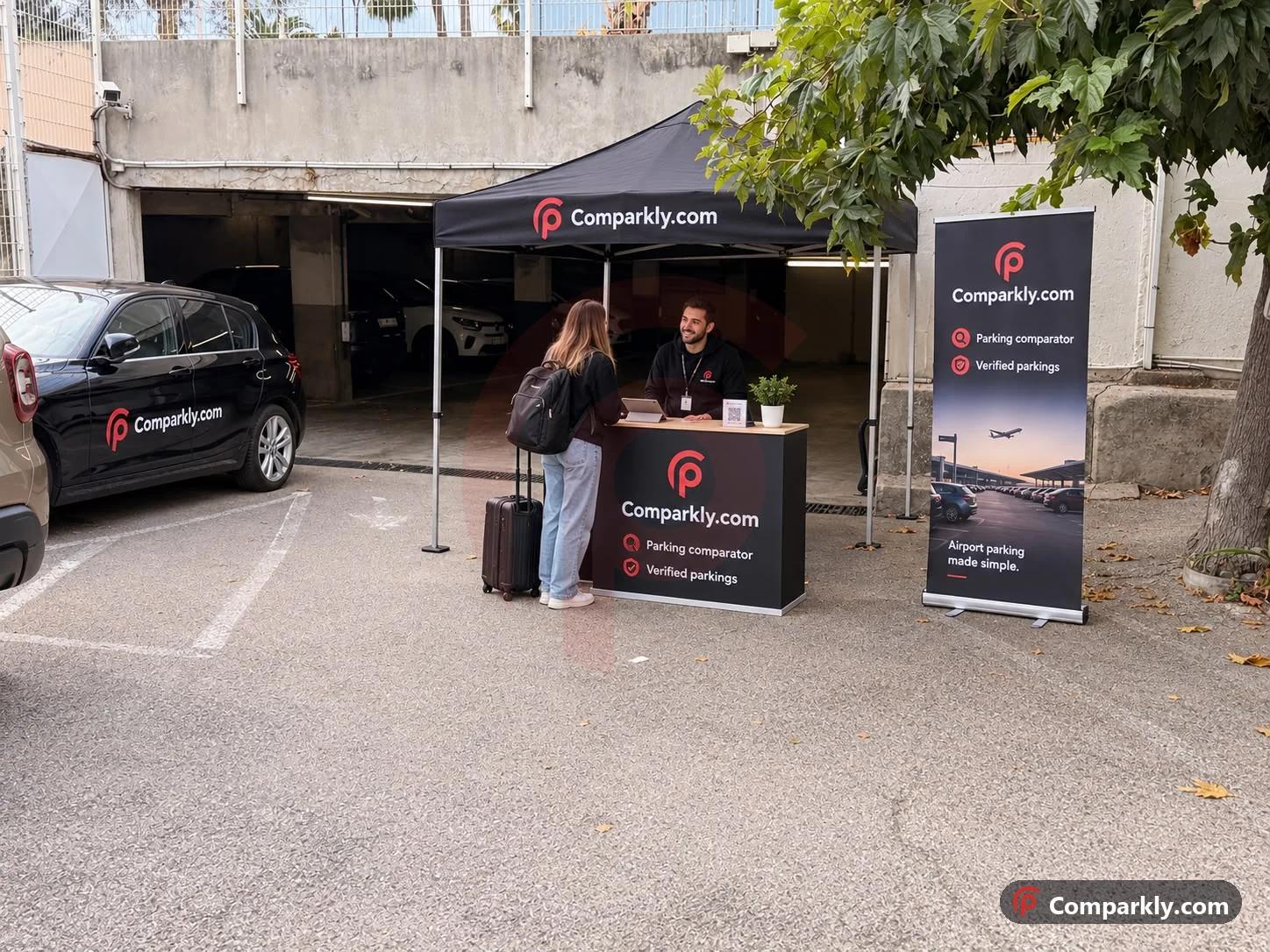Comparkly stand at the entrance of an underground car park, with a customer at the desk