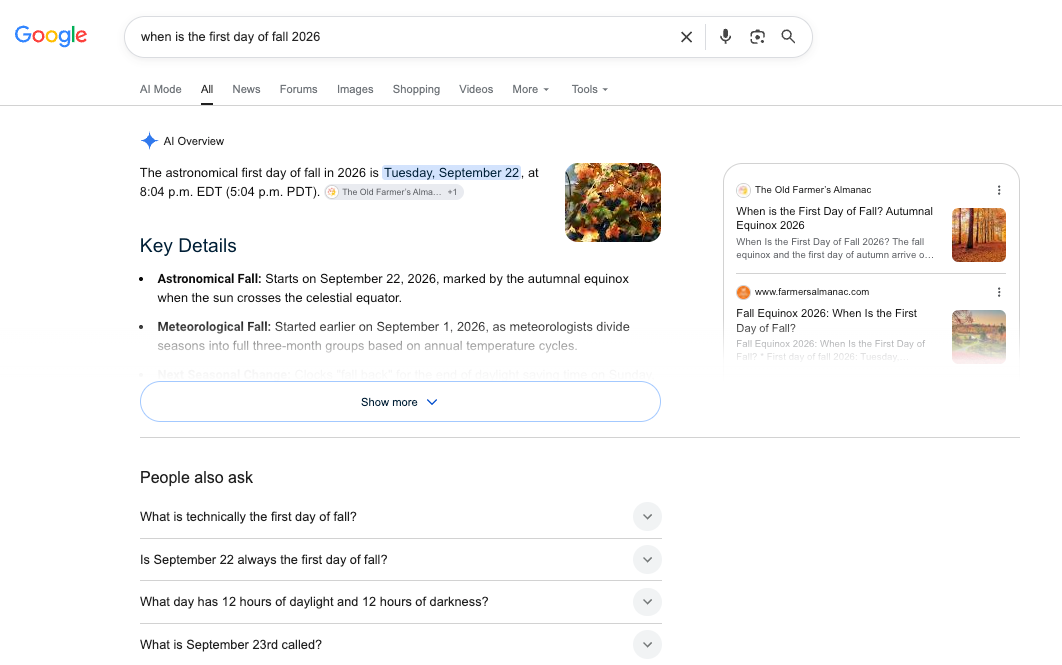 a screenshot of SERP for the search when is the first day of fall