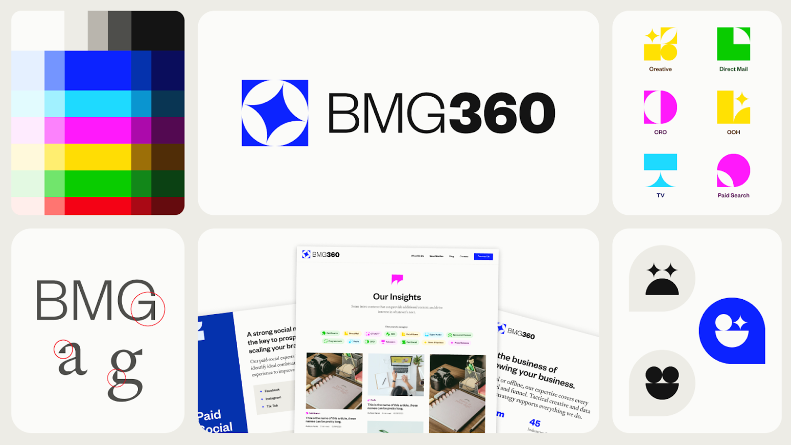 A collection of BMG360's new logomark, color palette, font, collateral, and icons